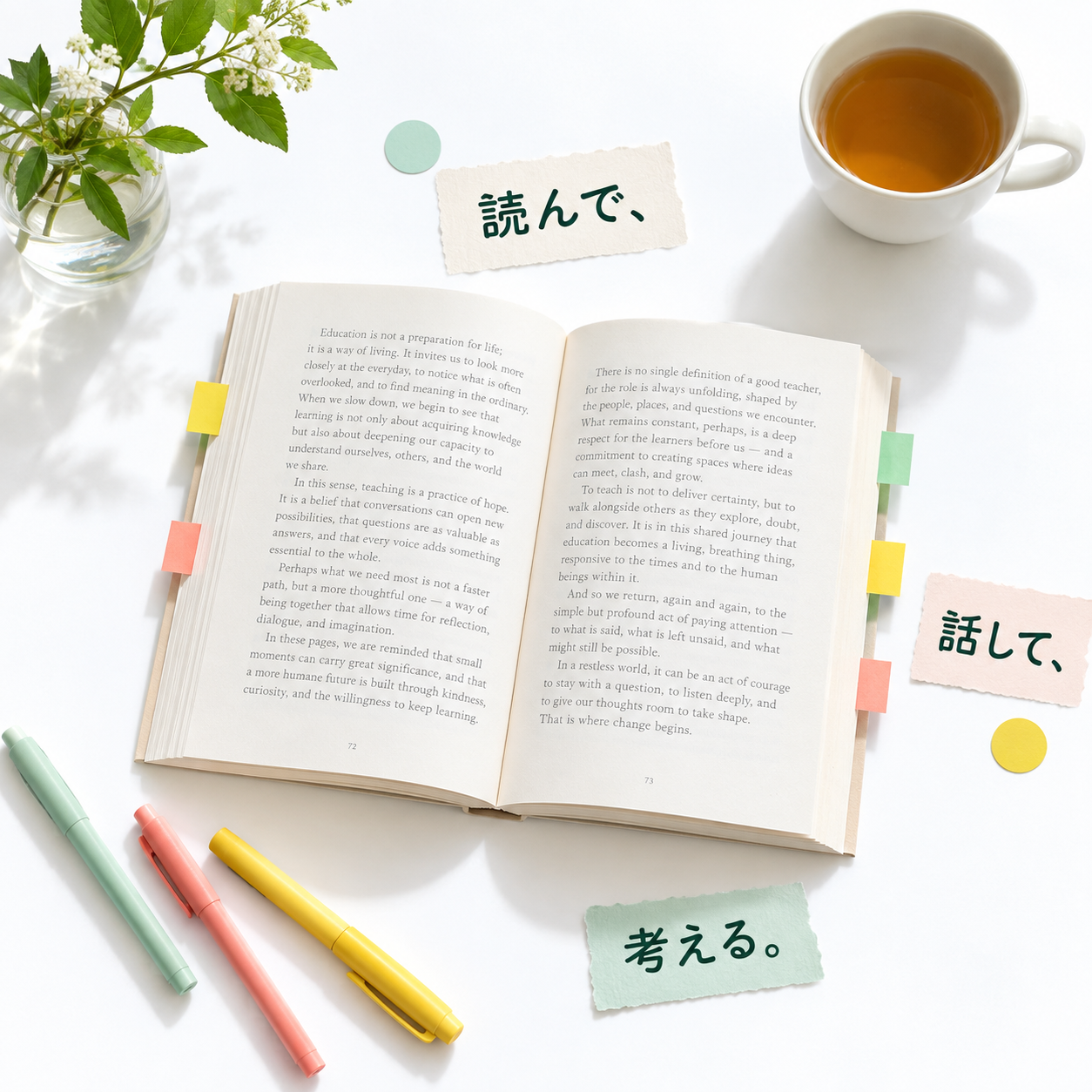 白い机に開いた本と色とりどりの文具を置いた読書のイメージ